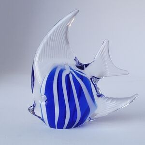 Murano Style Art Glass Angel Fish Blue & White Striped Handmade Paperweight